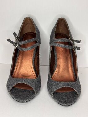 Colin Stuart Gray Wool Peep Toe Mary Jane Heels Double Strap Pumps Size 8.5